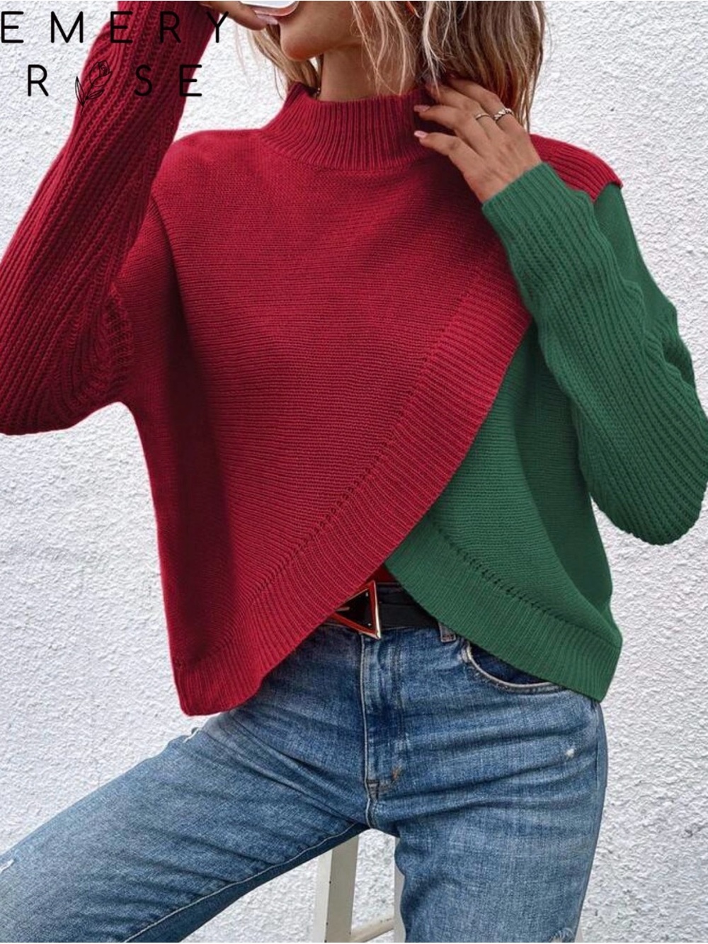 Emery Rose Two-Tone Red & Green Mock Neck Sweater